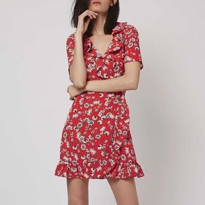 TOPSHOP Orange Ruffle Wrap Dress w White Flowers